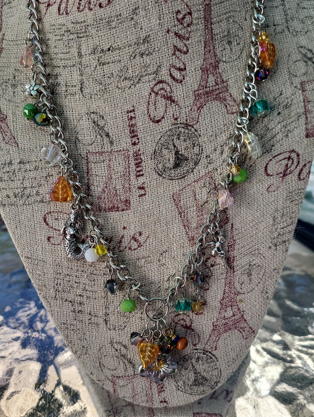 Silver Multi-Color Charm Necklace with with Crystal Beads, Charms, Swarovski
